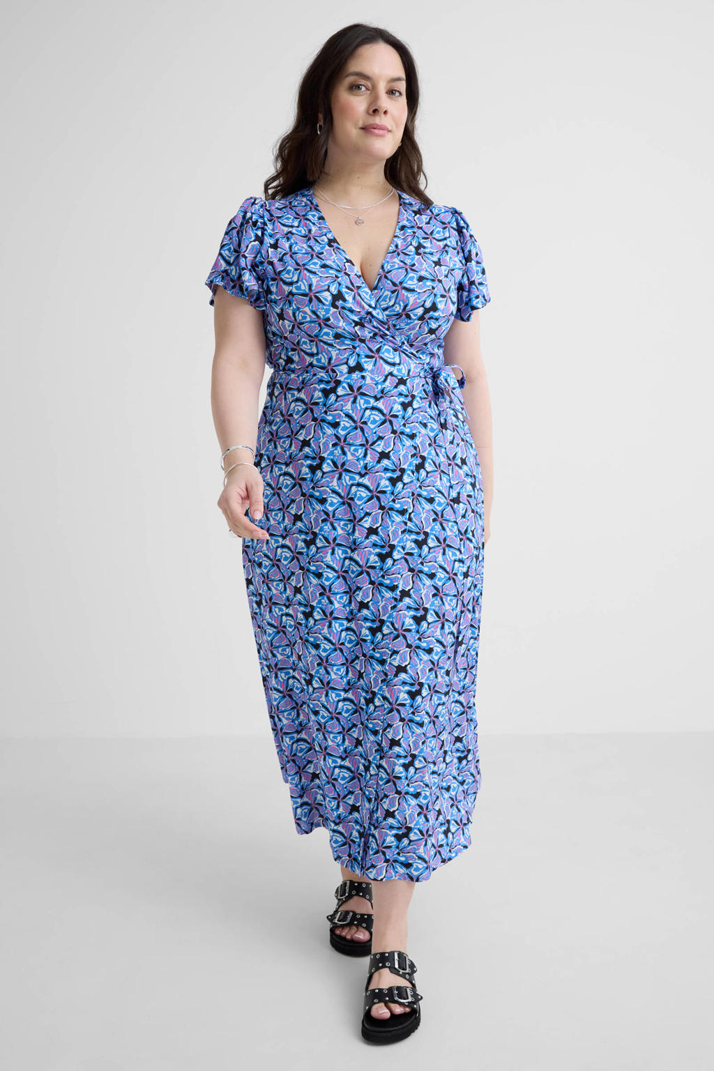 Blauwe dames Anytime midi overslagjurk all- van viscose met korte mouwen en striksluiting
