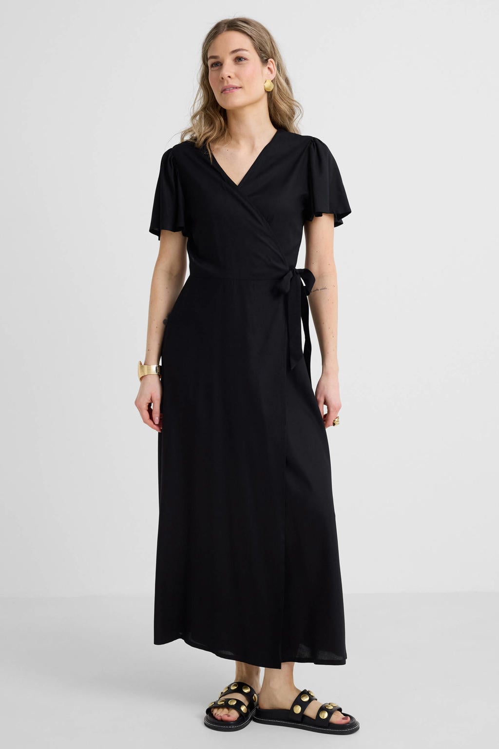 Zwarte dames Anytime midi overslagjurk van viscose met effen, korte mouwen en striksluiting