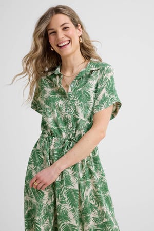 midi jurk met bladprint beige/groen