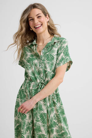 midi jurk met bladprint beige/groen