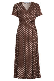thumbnail: Bruin en beige dames Anytime midi overslagjurk van viscose met stippenprint, korte mouwen en striksluiting