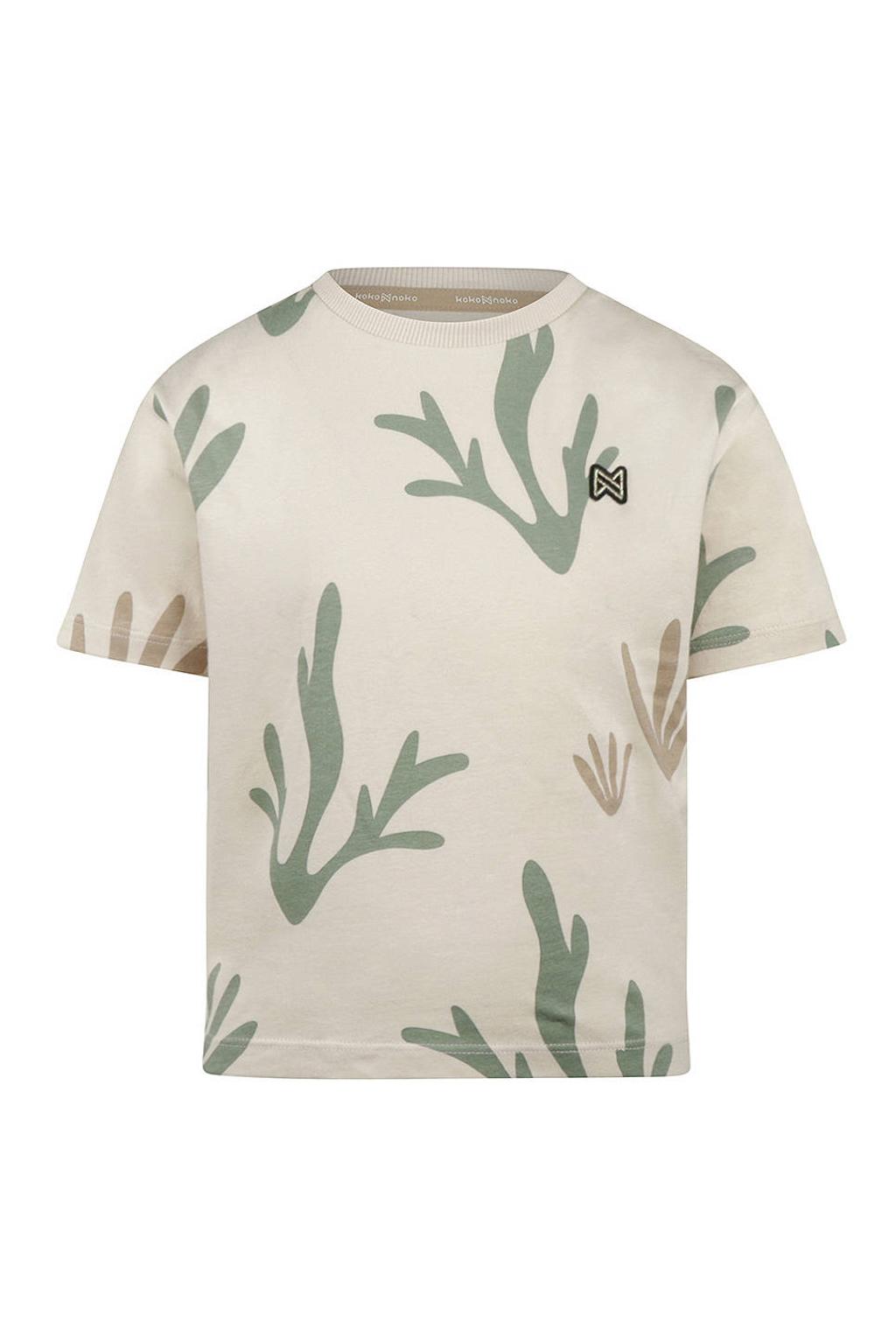 Ecru en groene meisjes Koko Noko T-shirt fijn gebreid van katoen met korte mouwen, ronde hals en drukknoopsluiting