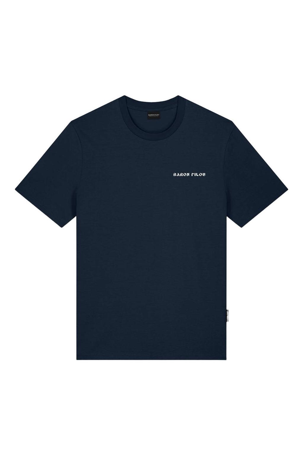 Donkerblauwe heren Baron Filou regular T-shirt van katoen met backprint en korte mouwen
