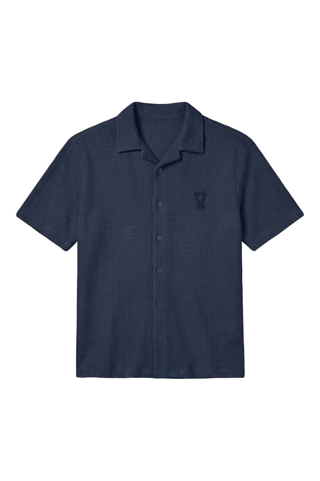 Donkerblauwe heren Baron Filou relaxed casual overhemd van katoen met effen, korte mouwen, reverskraag, knoopsluiting en textuur