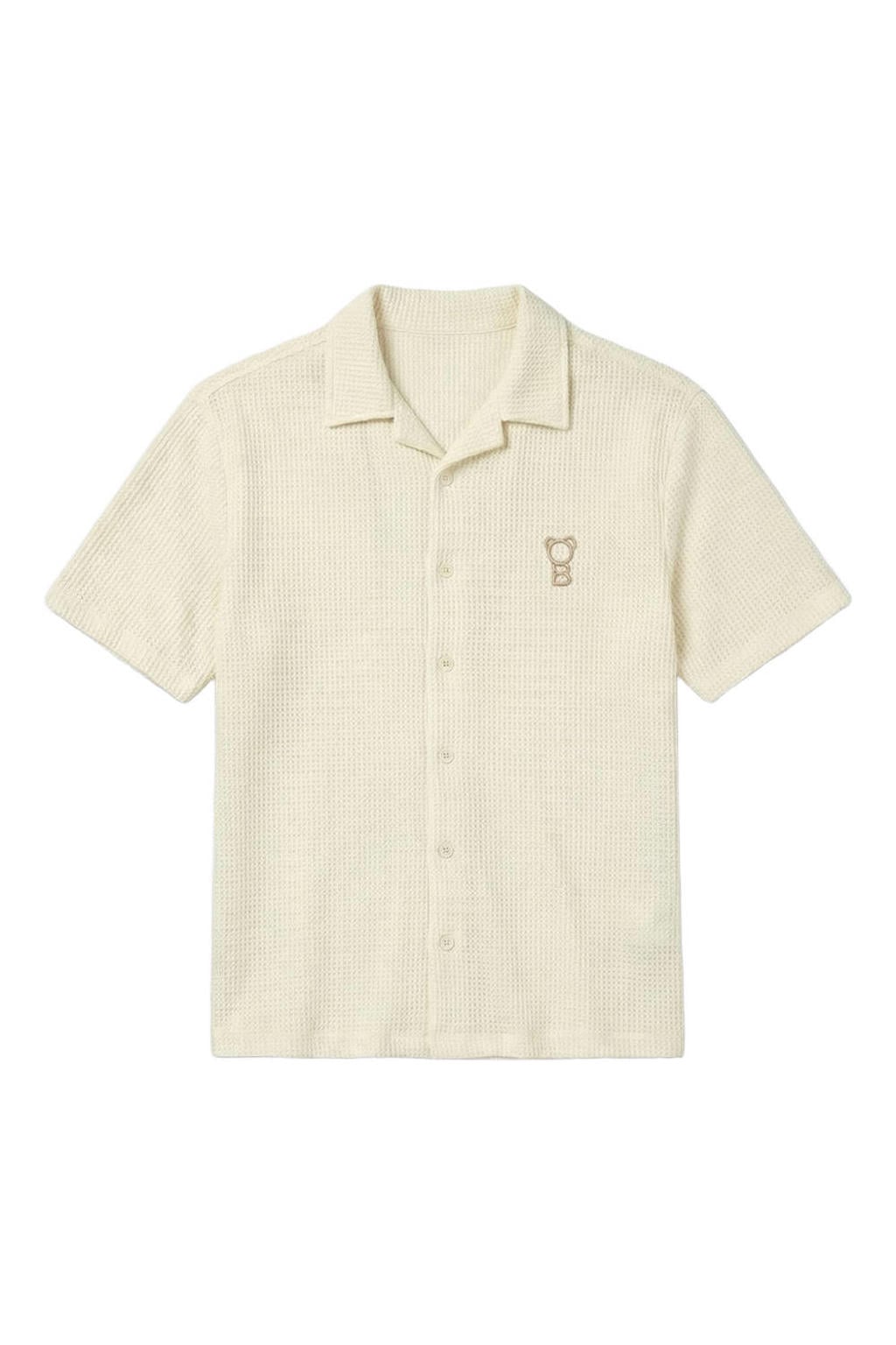 Ecru heren Baron Filou relaxed casual overhemd van katoen met effen, korte mouwen, reverskraag, knoopsluiting en textuur