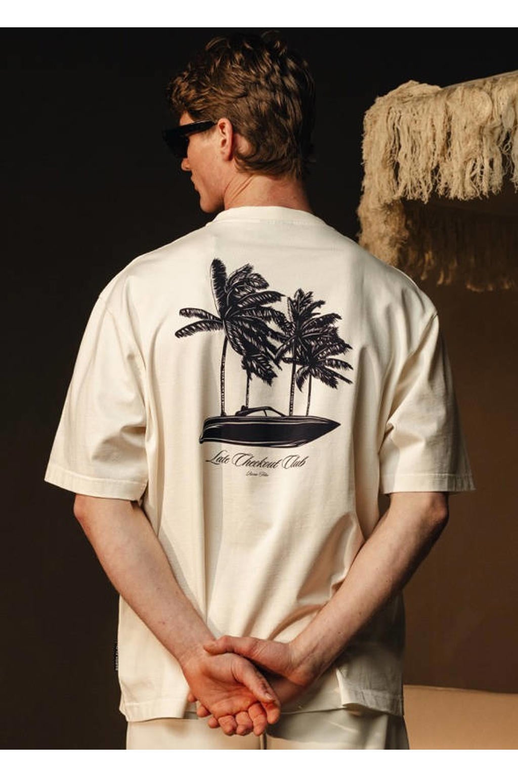 Ecru heren Baron Filou oversized T-shirt van katoen met backprint en korte mouwen