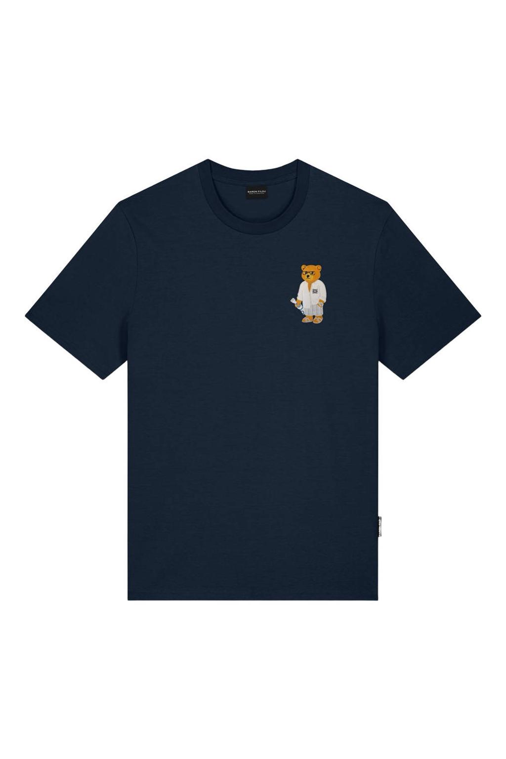 Donkerblauwe heren Baron Filou regular T-shirt van katoen met logo dessin, korte mouwen en borduursels