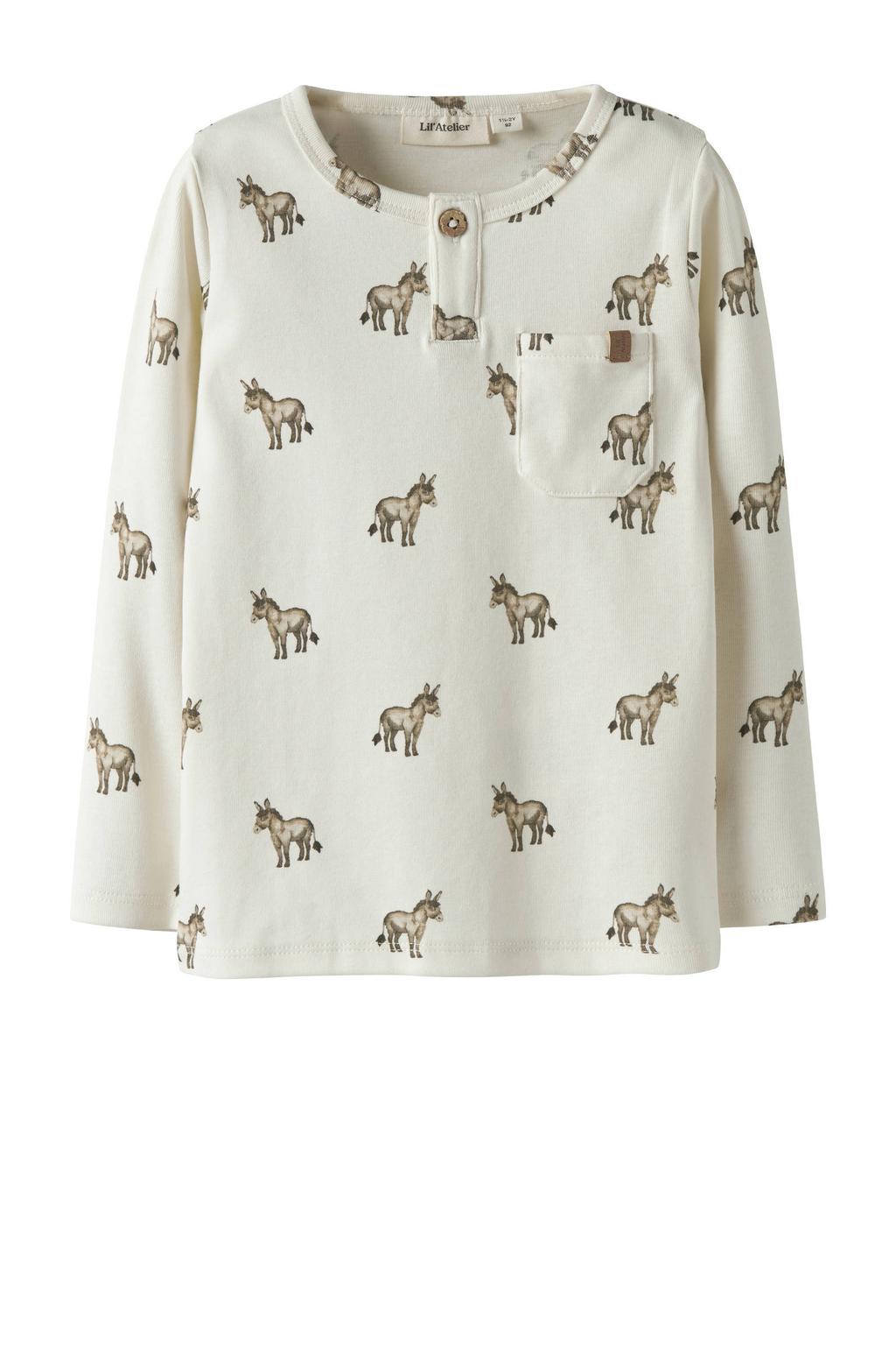 Beige jongens LIL' ATELIER MINI longsleeve van stretchkatoen met lange mouwen, ronde hals en knoopsluiting