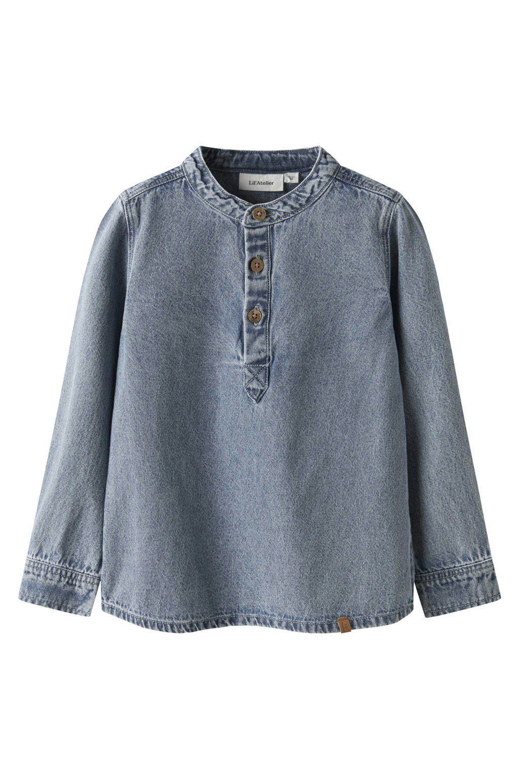 Medium blue denim jongens LIL' ATELIER MINI overhemd van denim met effen, lange mouwen, mao kraag, knoopsluiting en geweven detail