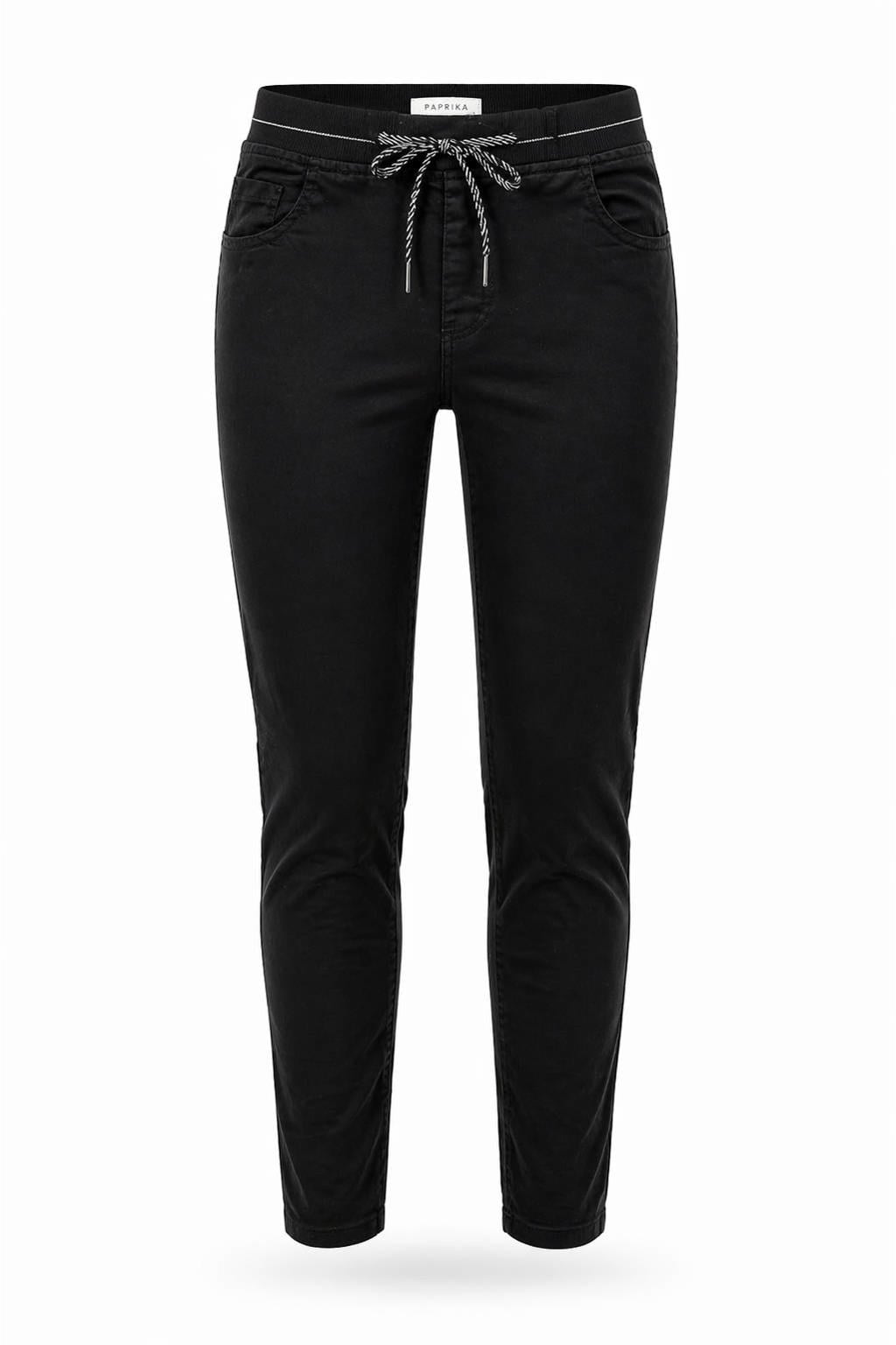 Zwarte dames Paprika slim fit broek Plus Size van katoen met regular waist, elastische tailleband met koord en effen