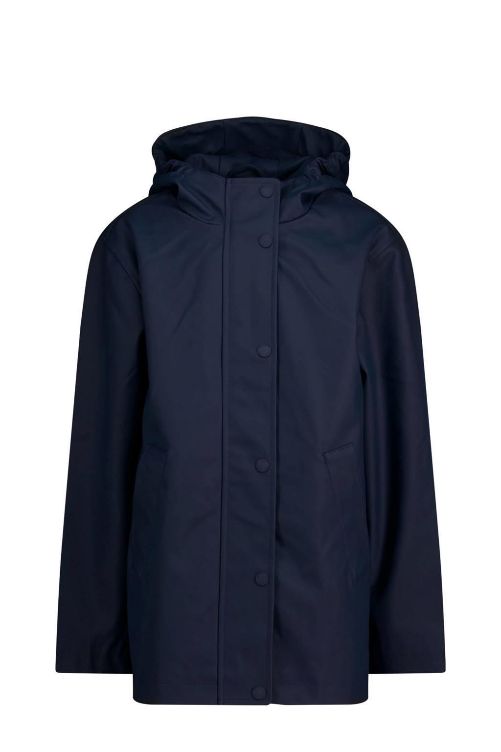 Donkerblauwe meisjes America Today regenjas van polyester met effen, lange mouwen, capuchon en rits- en knoopsluiting