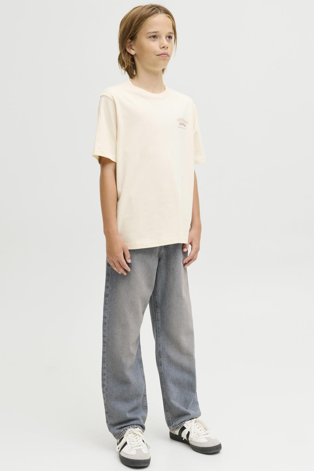 Medium blue denim jongens JACK & JONES JUNIOR relaxed high waist loose fit jeans van denim met effen
