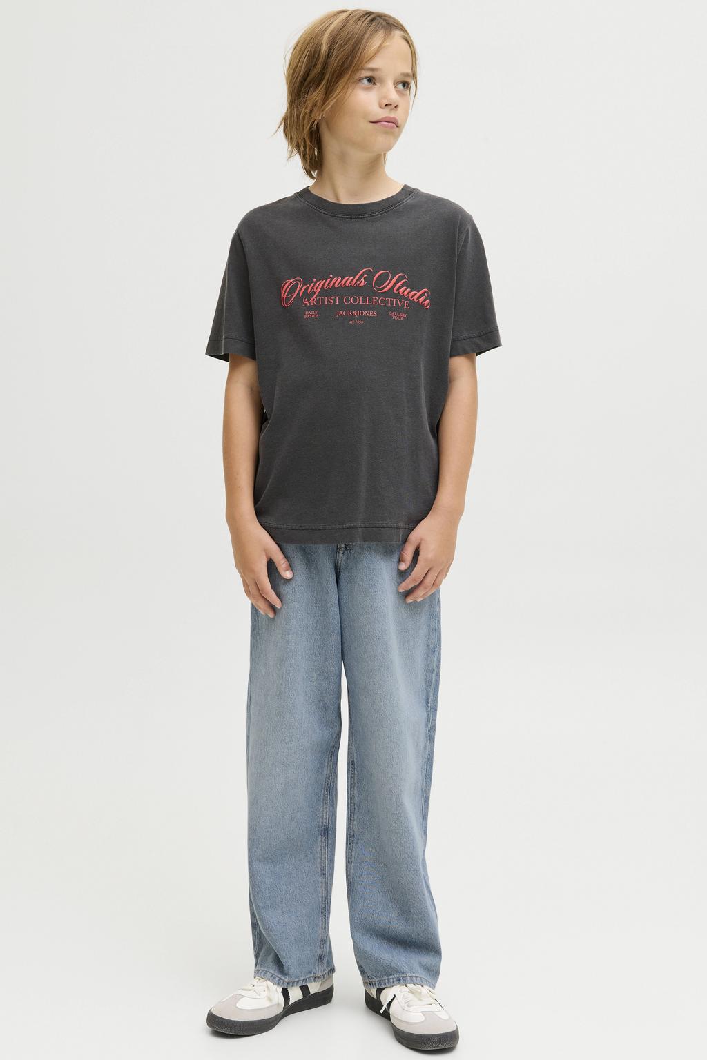 Medium blue denim jongens JACK & JONES JUNIOR high waist baggy jeans van denim met rits- en knoopsluiting en effen
