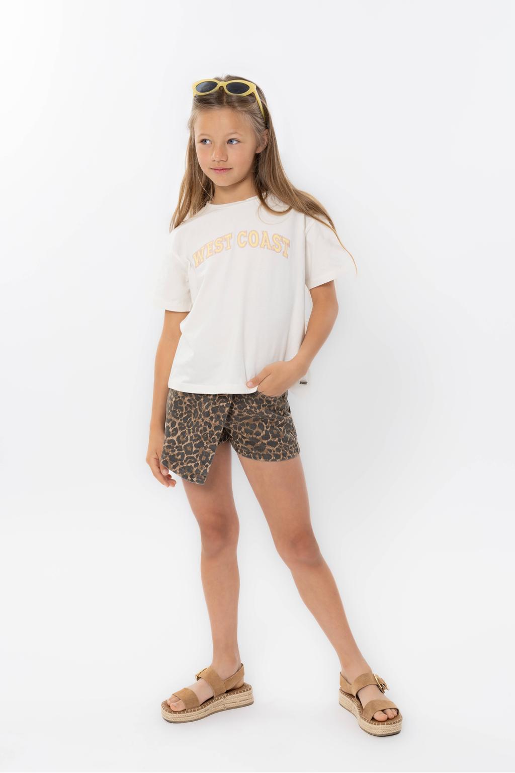 Ecru meisjes No Way Monday T-shirt van stretchkatoen met tekst print, korte mouwen en ronde hals