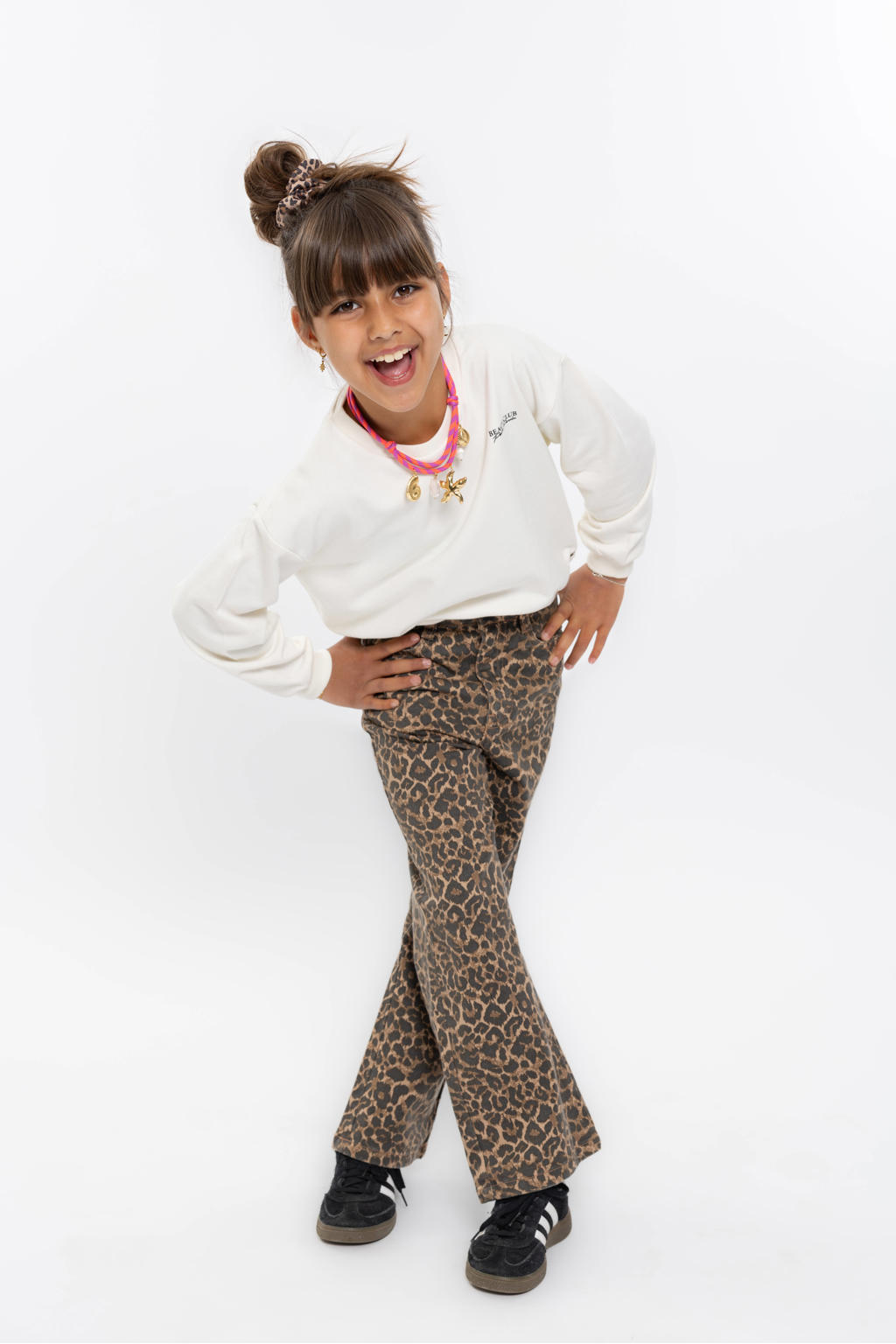 Bruin en zwarte meisjes No Way Monday wide leg jeans van katoen met rits- en knoopsluiting en panterprint