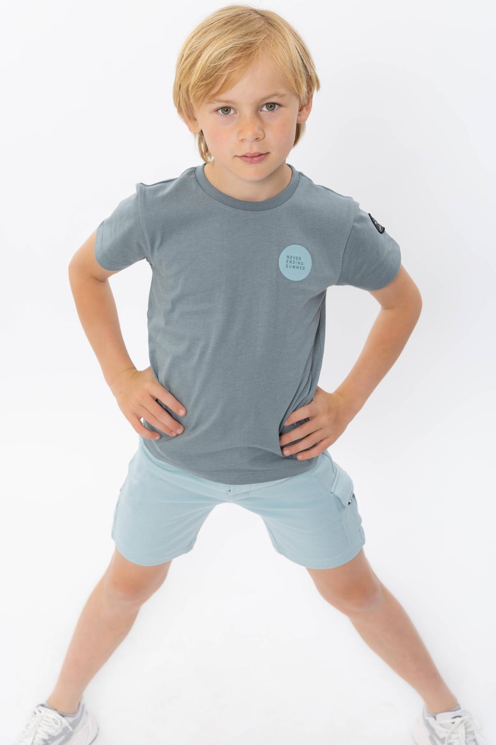 Grijsblauwe jongens No Way Monday T-shirt blauw van katoen met backprint, korte mouwen en ronde hals