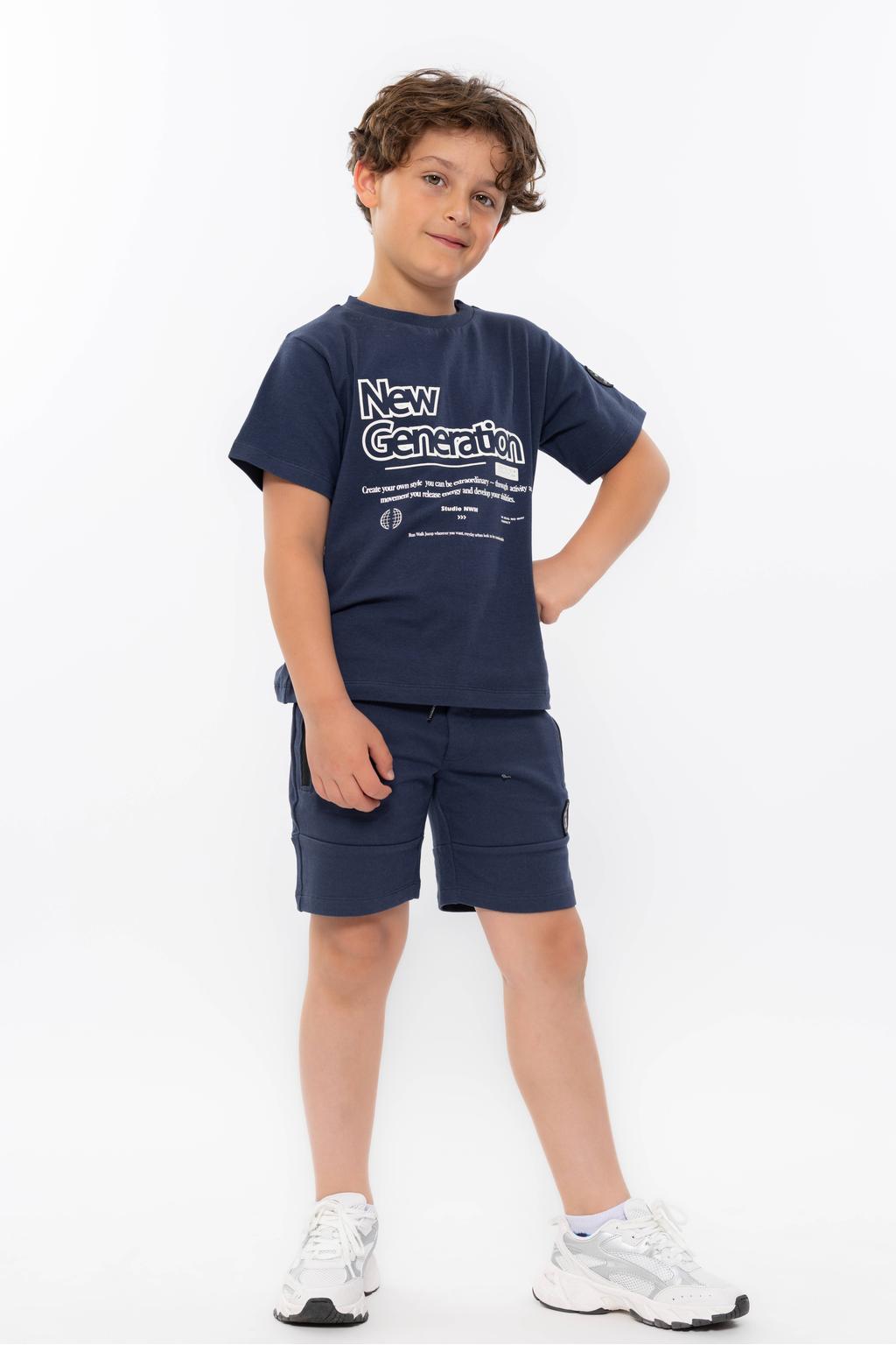 Donkerblauwe jongens No Way Monday T-shirt van stretchkatoen met backprint, korte mouwen en ronde hals