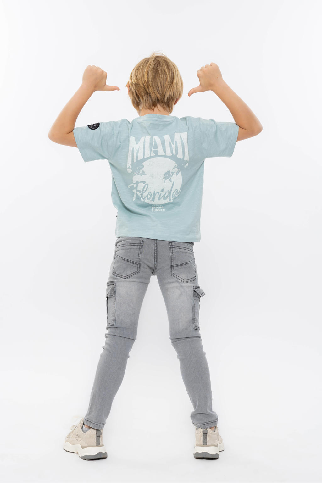 Lichtblauwe jongens No Way Monday T-shirt van katoen met backprint, korte mouwen en ronde hals