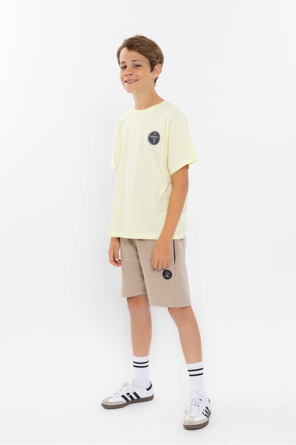 Lichtbruine jongens No Way Monday loose casual short van katoen met regular waist, elastische tailleband met koord en effen