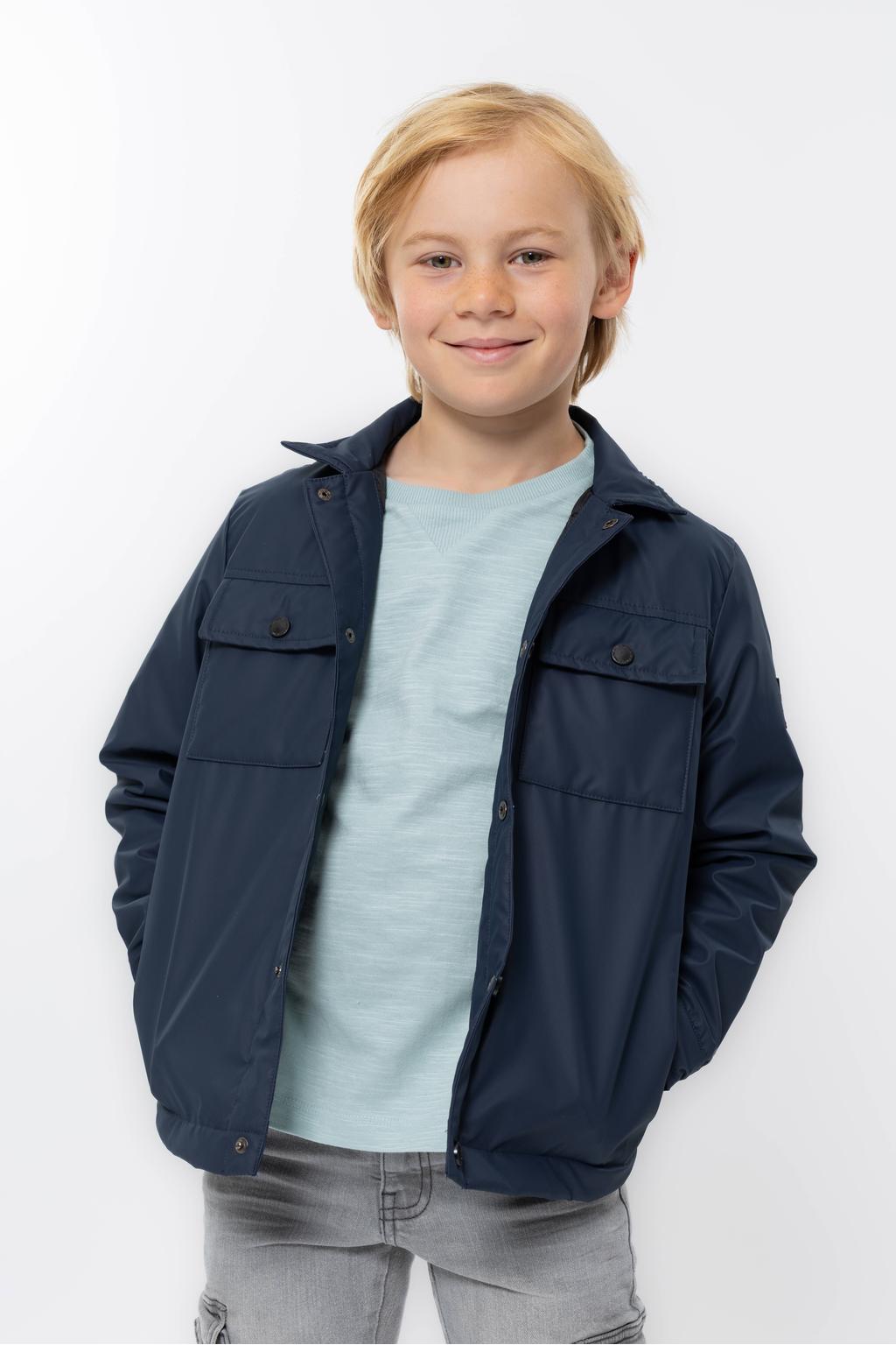 Donkerblauwe jongens No Way Monday tussenjas van polyester met effen, lange mouwen, klassieke kraag en drukknoopsluiting