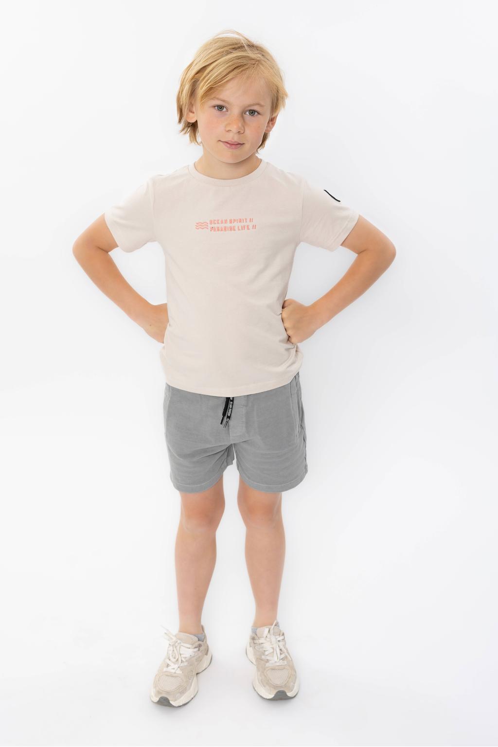 Beige jongens No Way Monday T-shirt van stretchkatoen met backprint, korte mouwen en ronde hals