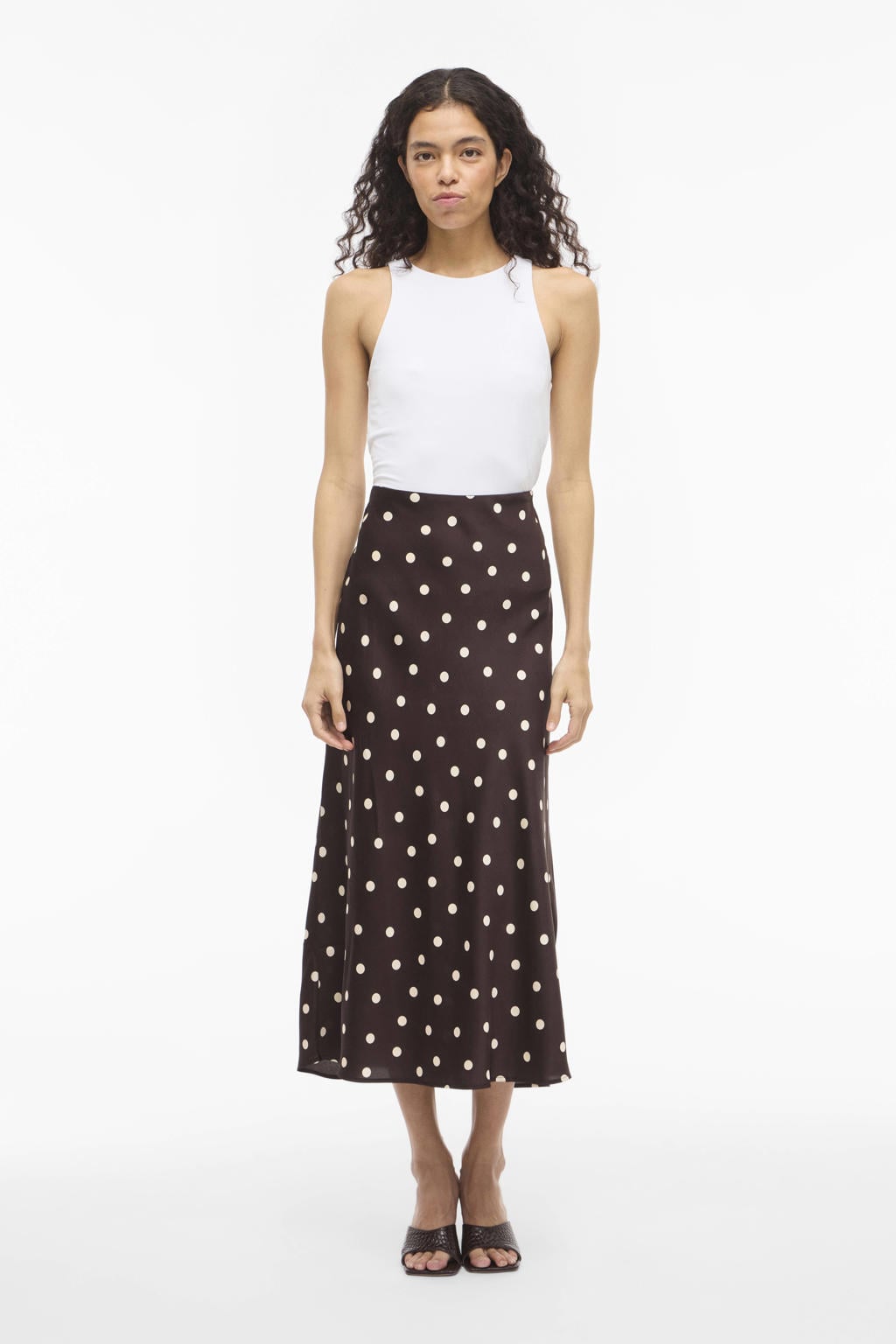 Donkerbruin en ecru dames VILA midi rok gemaakt van polyester en met elastische tailleband