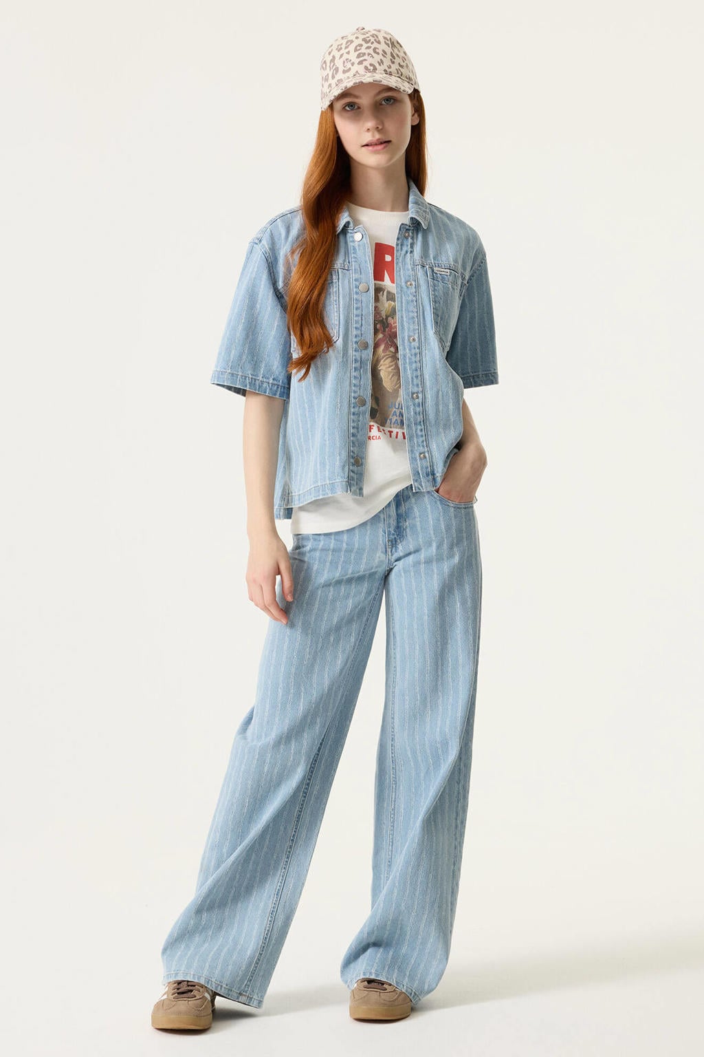 Light blue denim meisjes Garcia low waist gestreepte wide leg jeans van denim met rits- en knoopsluiting