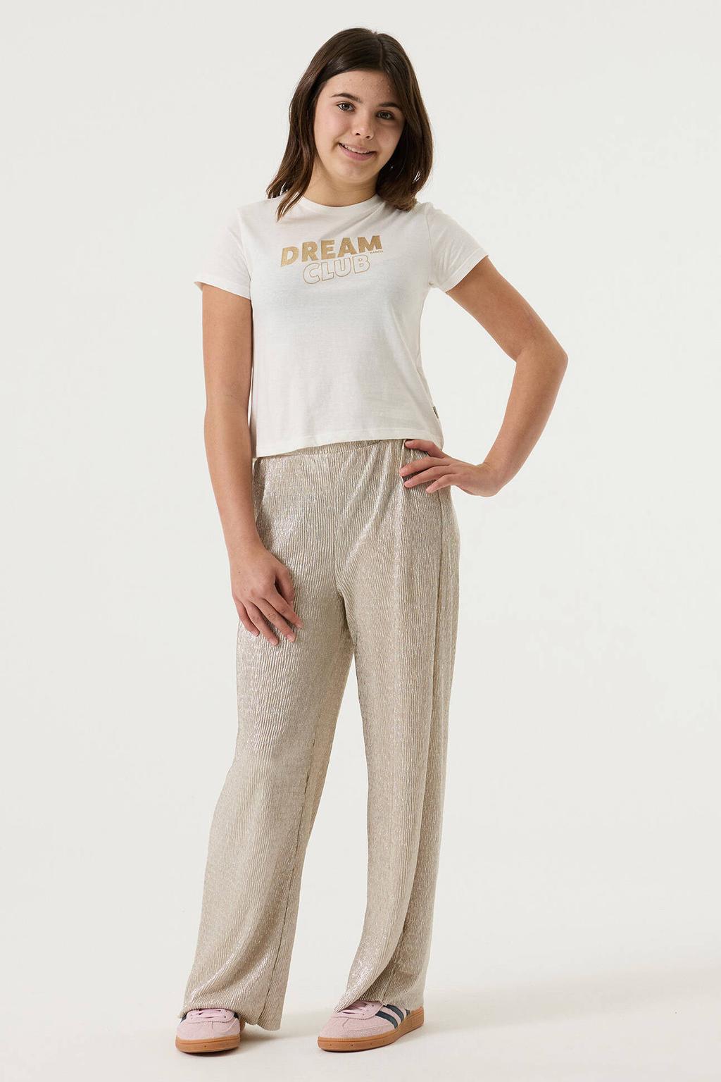 Beige meisjes Garcia straight casual broek van polyester met elastische tailleband en effen