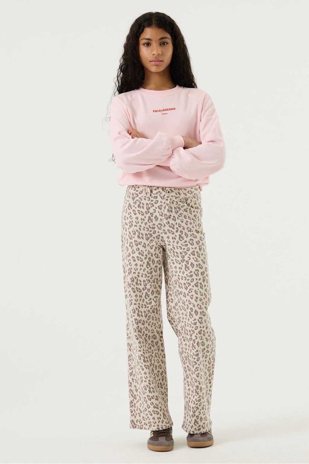 Ecru meisjes Garcia high waist wide leg jeans van denim met rits- en knoopsluiting en dierenprint