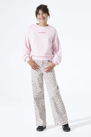 high waist wide leg jeans met panterprint ecru