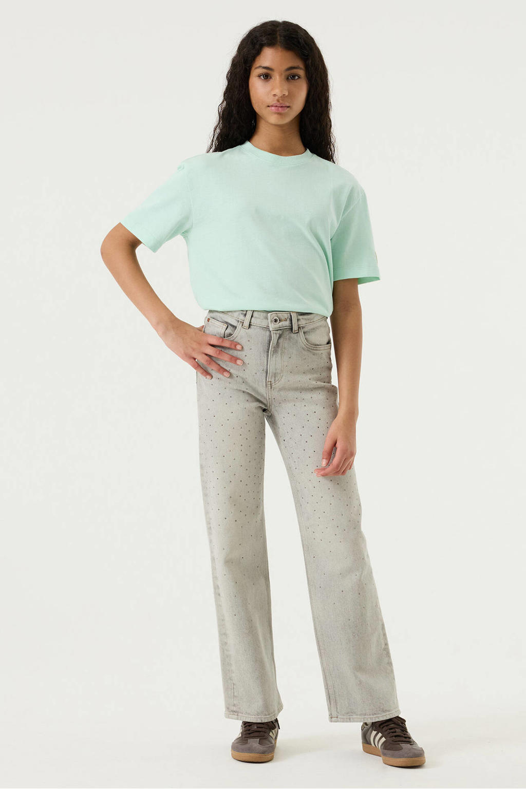 Grey denim meisjes Garcia high waist straight leg jeans van denim met rits- en knoopsluiting en effen