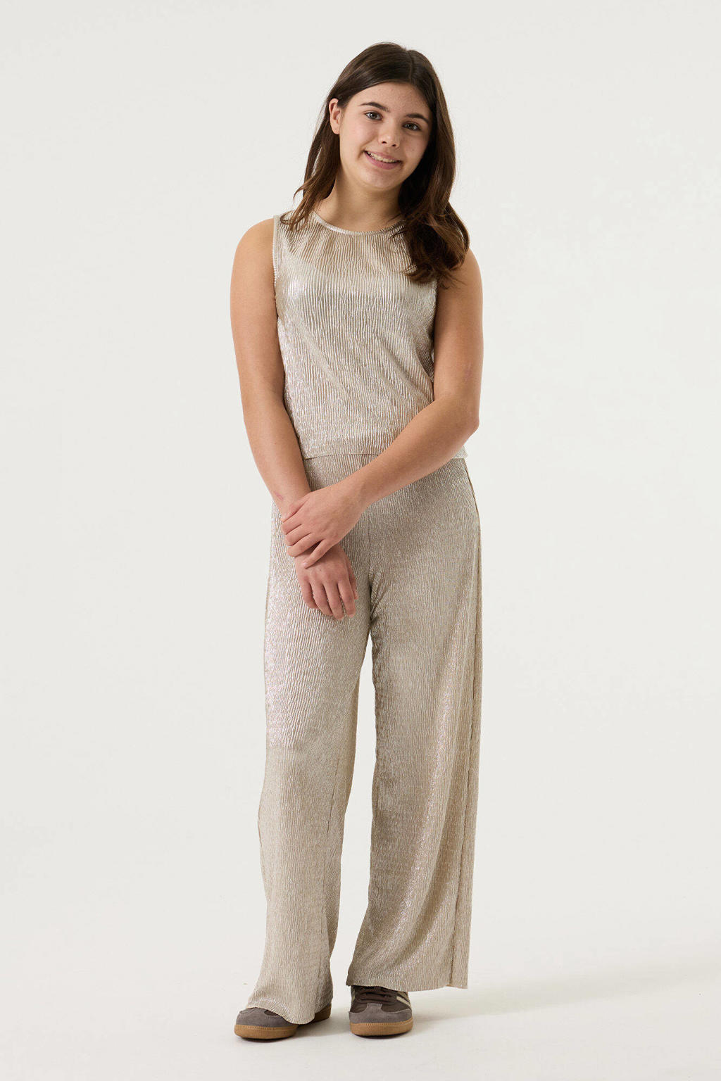 Beige meisjes Garcia T-shirt van polyester met effen, ronde hals en glimmend detail