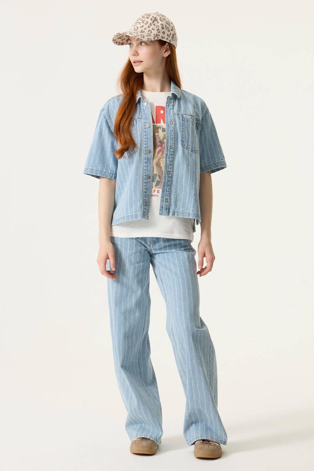 Light blue denim meisjes Garcia gestreepte blouse van katoen met drukknoopsluiting