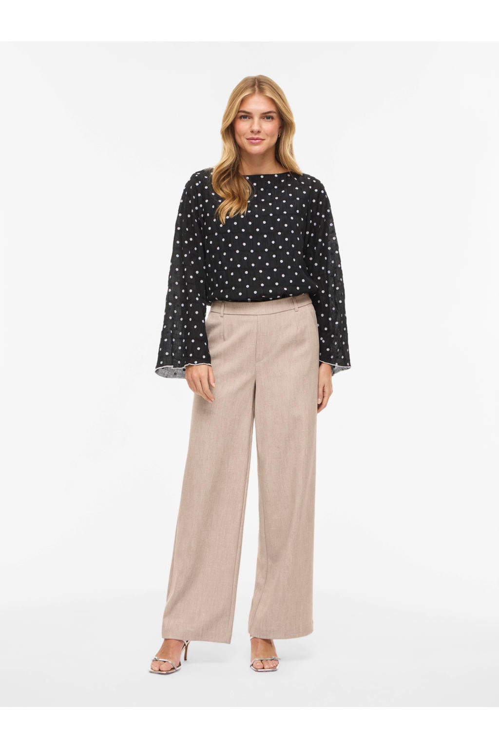 Zwart en witte dames VILA blousetop van viscose met stippenprint, lange mouwen en ronde hals