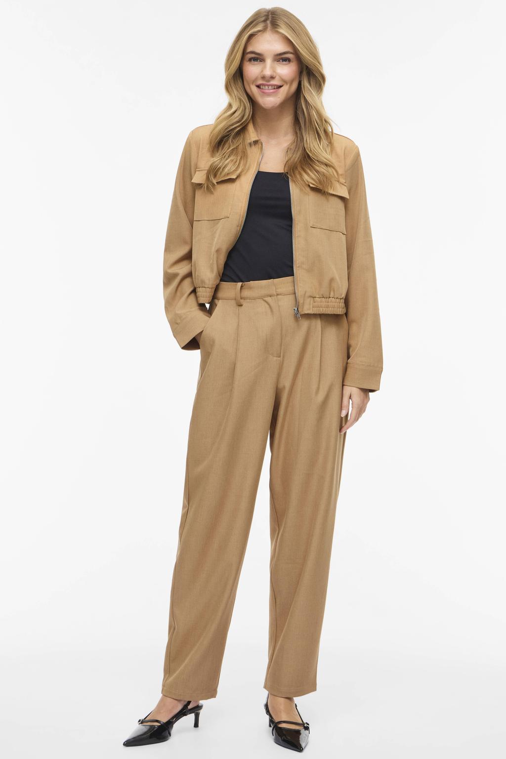 Lichtbruine dames VILA Tapered high waist casual broek van polyester met rits- en knoopsluiting en effen