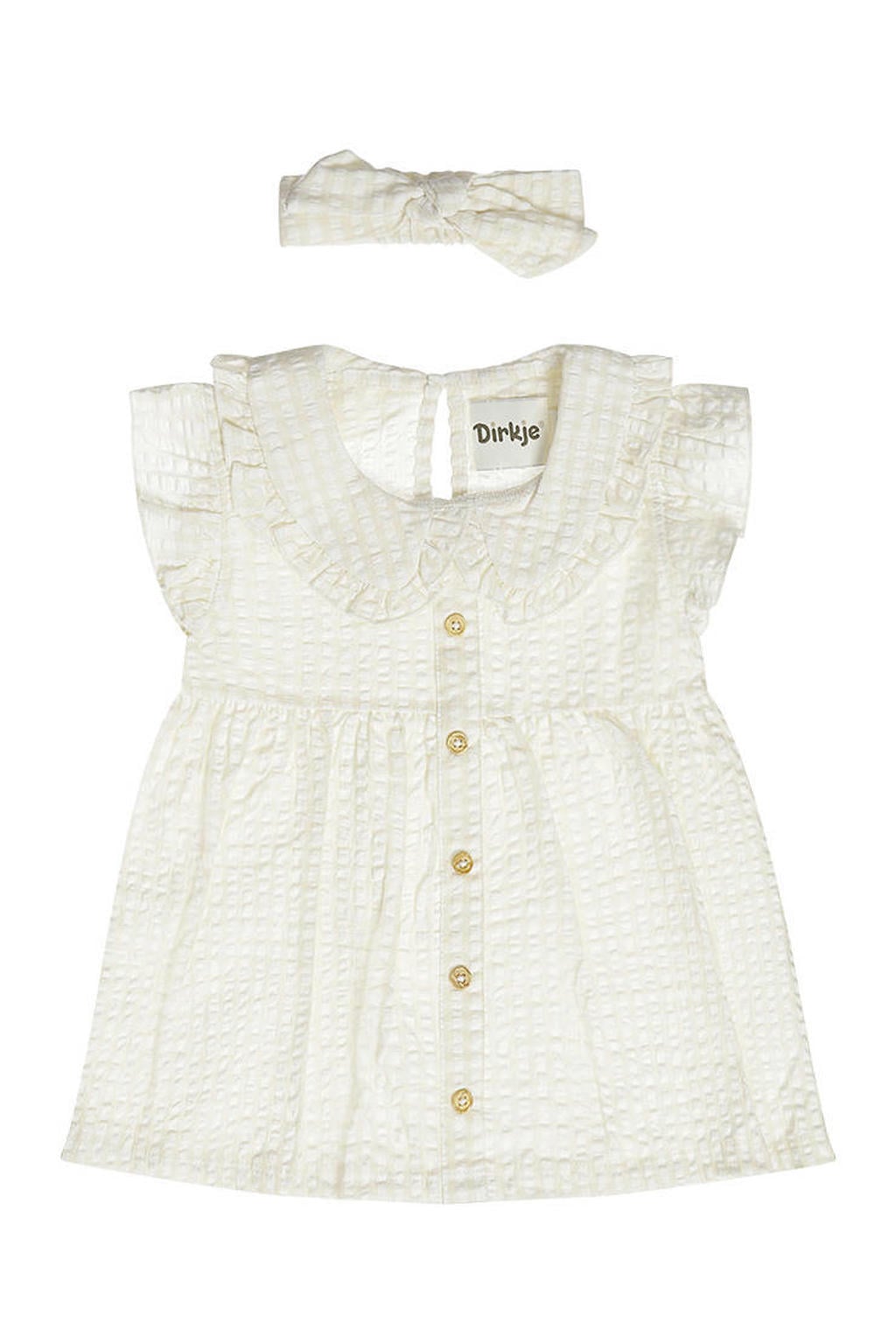 Beige en witte meisjes Dirkje jurk haarband van katoen met ruitenprint, korte mouwen en peter pan-kraag