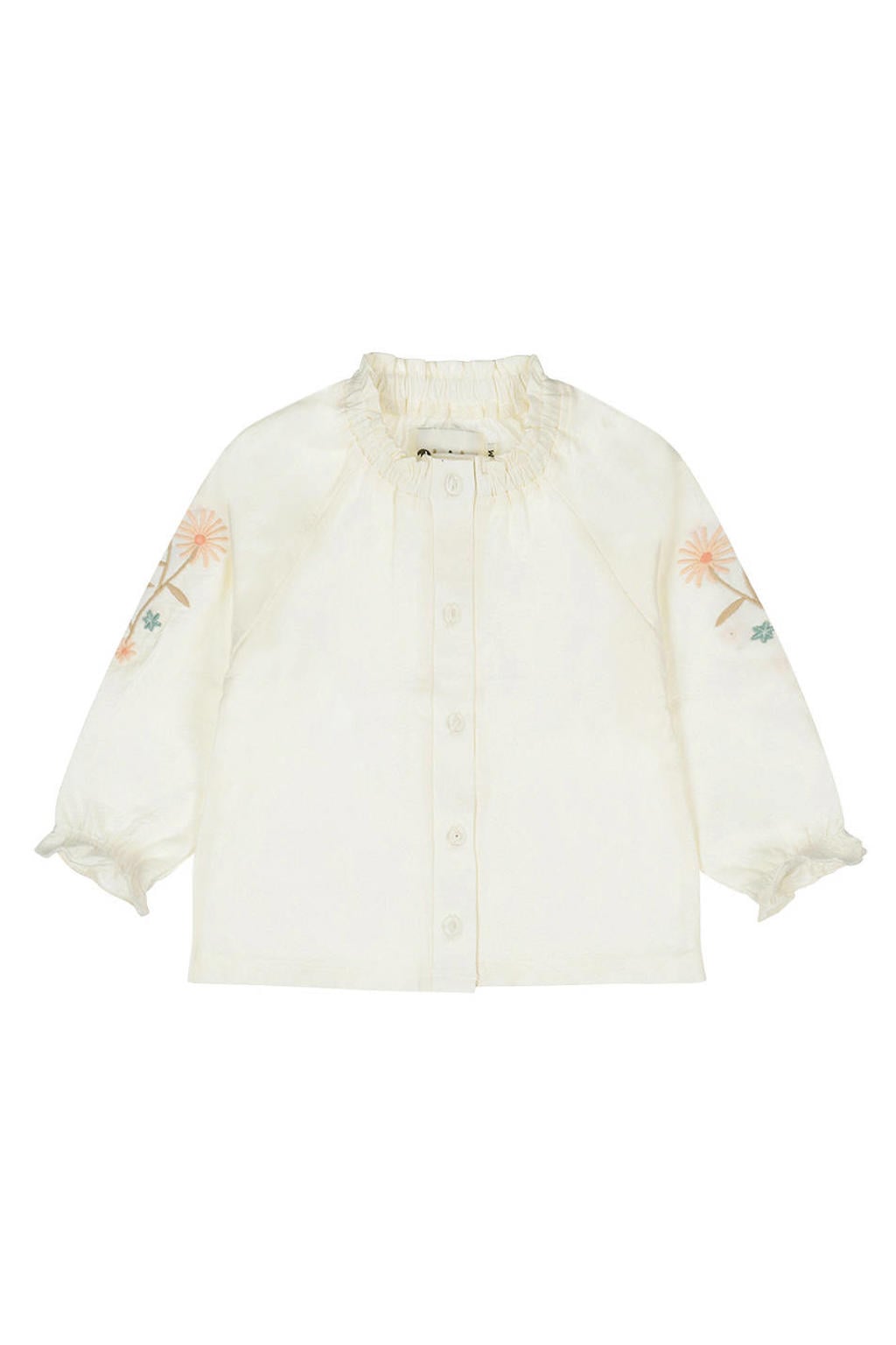 Ecru meisjes Dirkje gebloemde blouse van katoen met lange mouwen, ronde hals, knoopsluiting en borduursels