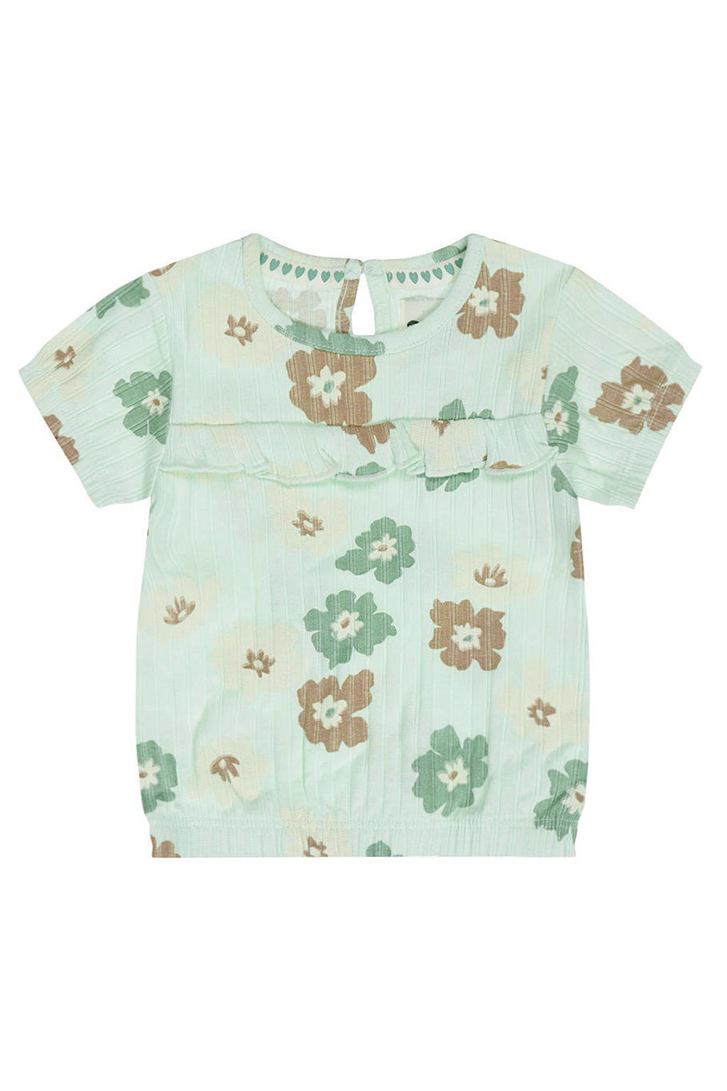 Lichtgroene meisjes Dirkje gebloemde T-shirt van stretchkatoen met korte mouwen, ronde hals, knoopsluiting en elastische boord
