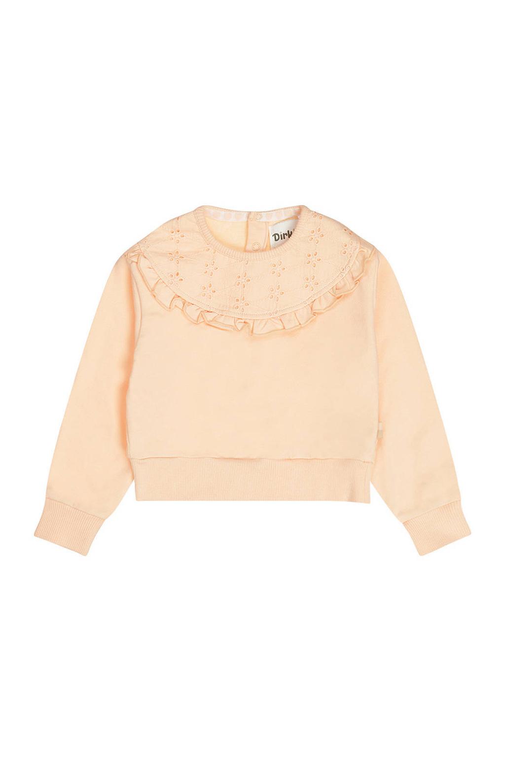 Oranje meisjes Dirkje sweater broderie van stretchkatoen met effen, lange mouwen, ronde hals en drukknoopsluiting
