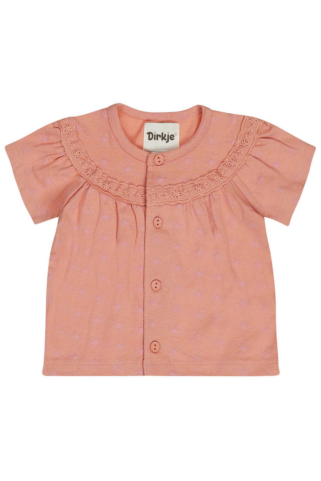 Lichtroze meisjes Dirkje gebloemde blousetop blouse broderie van stretchkatoen met korte mouwen, ronde hals en knoopsluiting