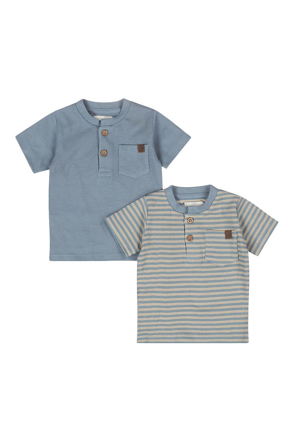 Set van 2 blauw en beige jongens Dirkje T-shirt van katoen met strepenprint, korte mouwen, henleykraag, knoopsluiting en textuur