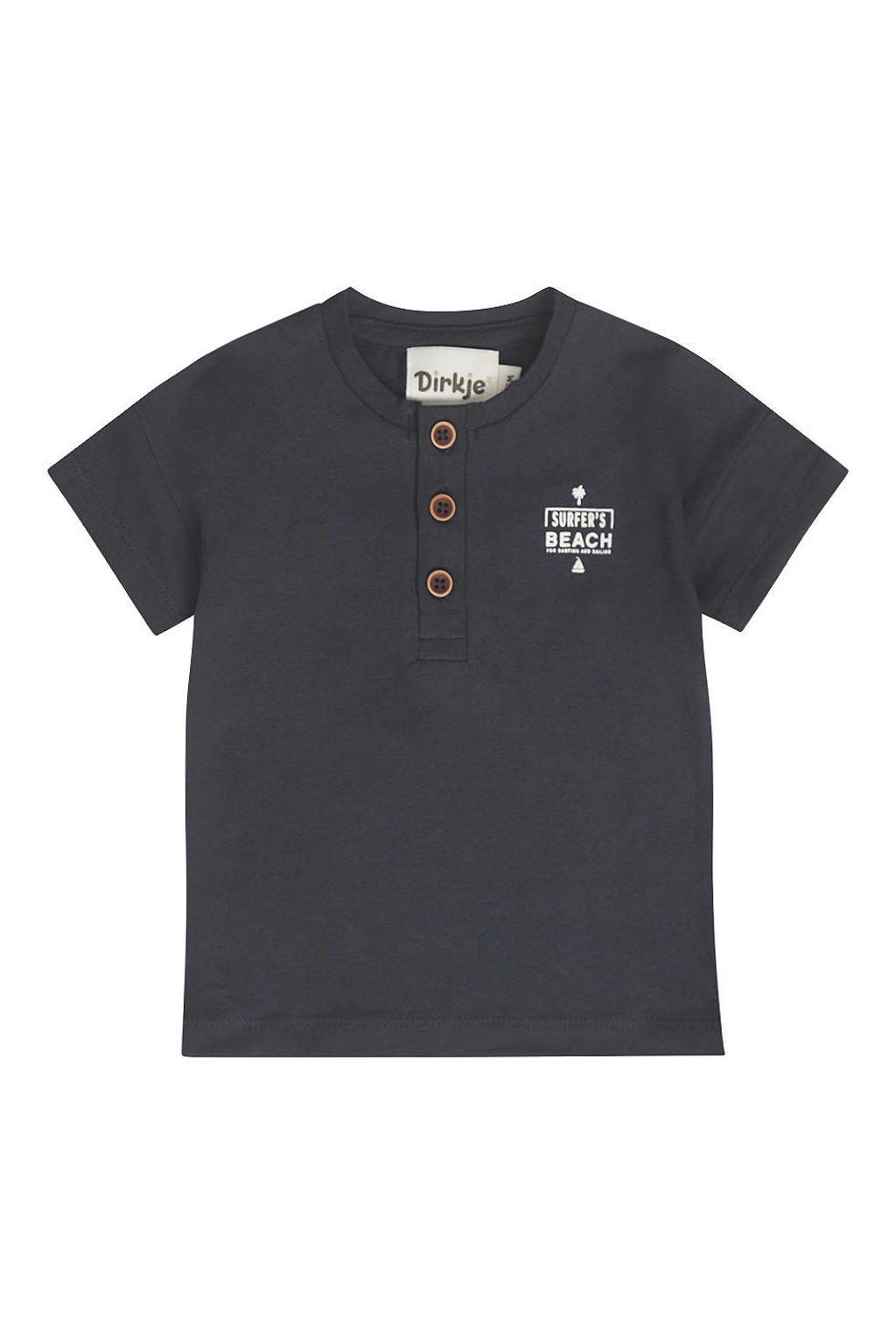 Donkerblauwe jongens Dirkje T-shirt van stretchkatoen met backprint, korte mouwen, henleykraag en knoopsluiting