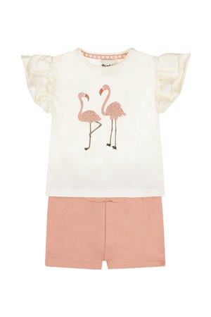 T-shirt + korte broek ecru/roze