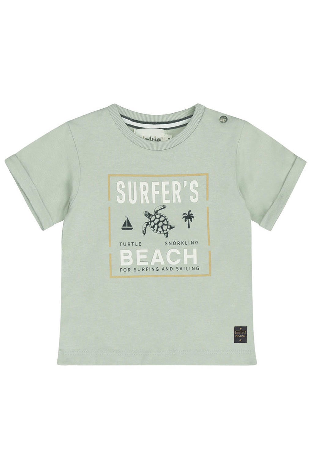 Groene jongens Dirkje T-shirt van stretchkatoen met printopdruk, korte mouwen, ronde hals en drukknoopsluiting