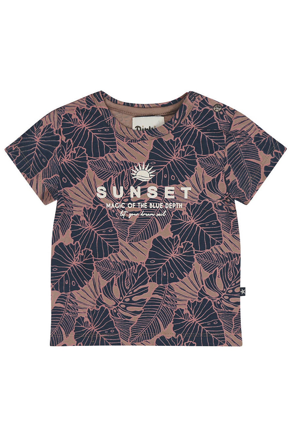Donkerblauw en bruine jongens Dirkje T-shirt van stretchkatoen met bladprint, korte mouwen, ronde hals en drukknoopsluiting