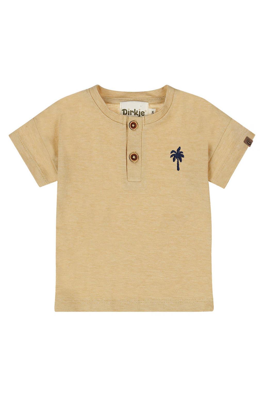 Camelkleurige jongens Dirkje T-shirt van stretchkatoen met effen, korte mouwen, henleykraag, knoopsluiting en borduursels