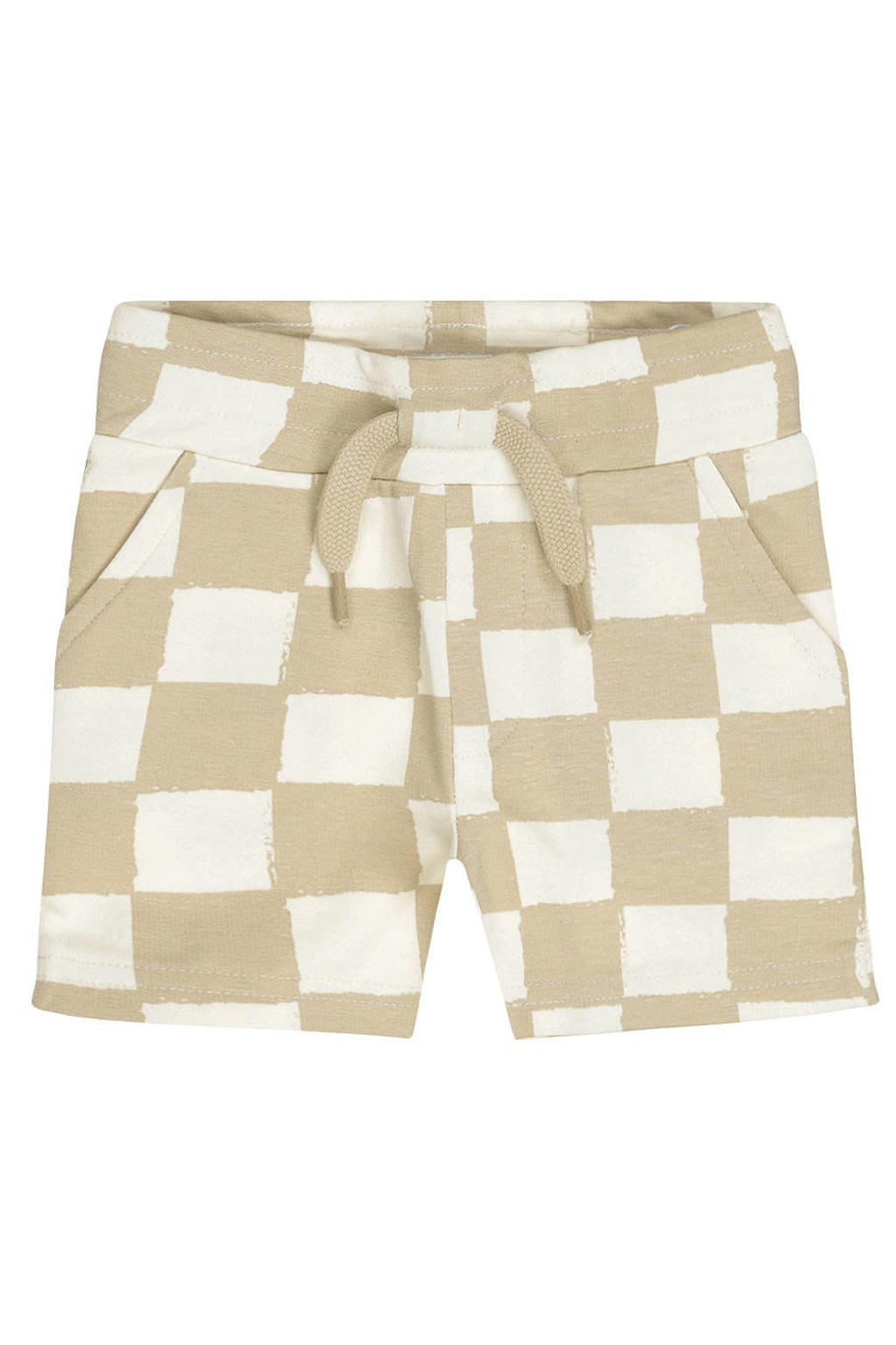 Beige en witte jongens Dirkje loose geruite sweatshort van stretchkatoen met regular waist en elastische tailleband met koord