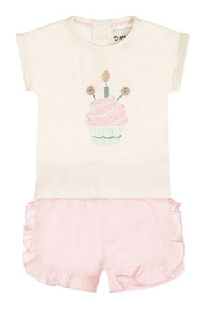 T-shirt + korte broek lichtroze/ecru