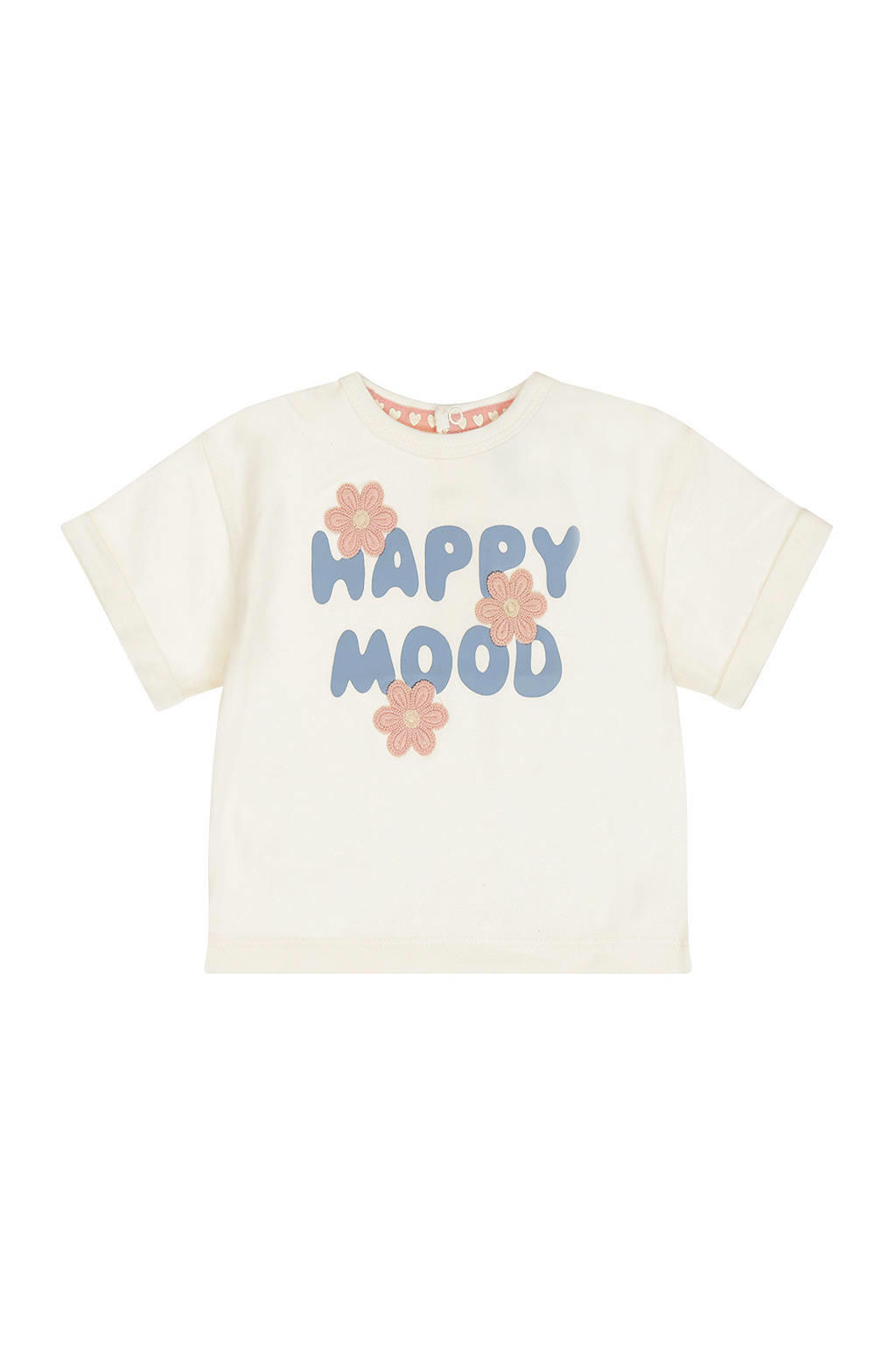 Ecru meisjes Dirkje T-shirt van stretchkatoen met printopdruk, korte mouwen, ronde hals, drukknoopsluiting en borduursels