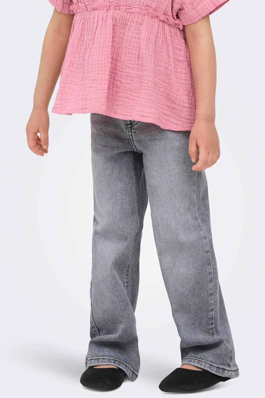 Grey denim meisjes KIDS ONLY MINI high waist wide leg jeans van denim met rits- en knoopsluiting en effen